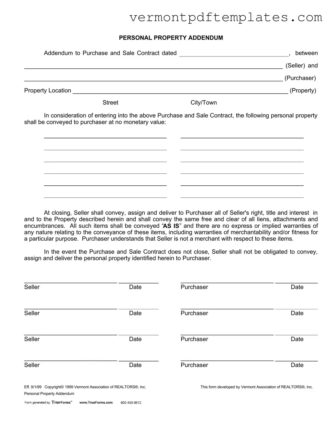 Printable Purchase Addendum Vermont Template