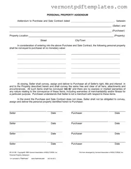Printable Purchase Addendum Vermont Template