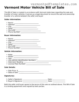 Motor Vehicle Bill of Sale Template for Vermont State