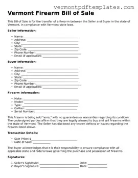 Firearm Bill of Sale Template for Vermont State