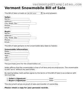 Snowmobile Bill of Sale Template for Vermont State