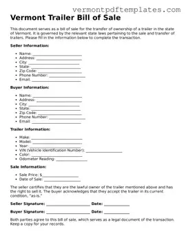 Trailer Bill of Sale Template for Vermont State