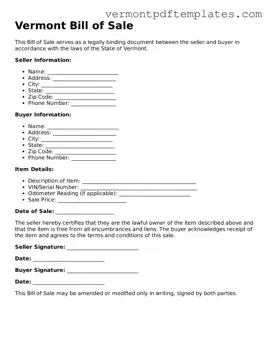 Bill of Sale Template for Vermont State