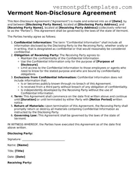 Non-disclosure Agreement Template for Vermont State