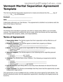 Marital Separation Agreement Template for Vermont State