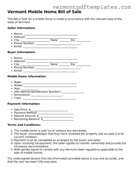 Mobile Home Bill of Sale Template for Vermont State