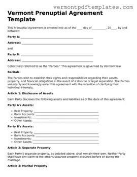 Prenuptial Agreement Template for Vermont State