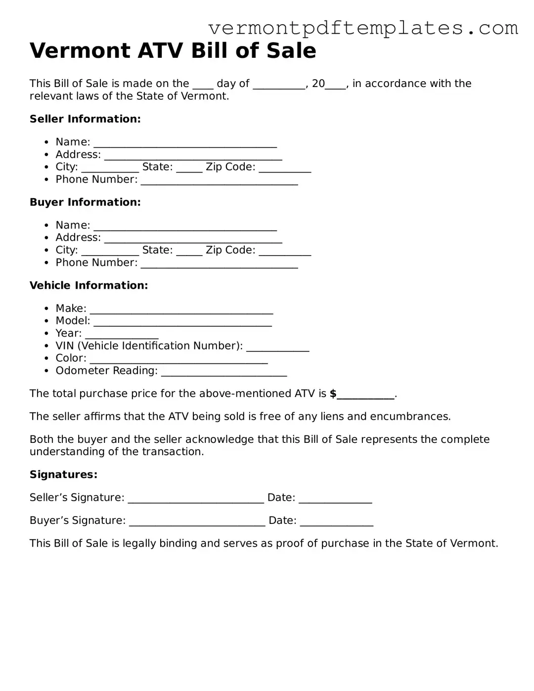 ATV Bill of Sale Template for Vermont State