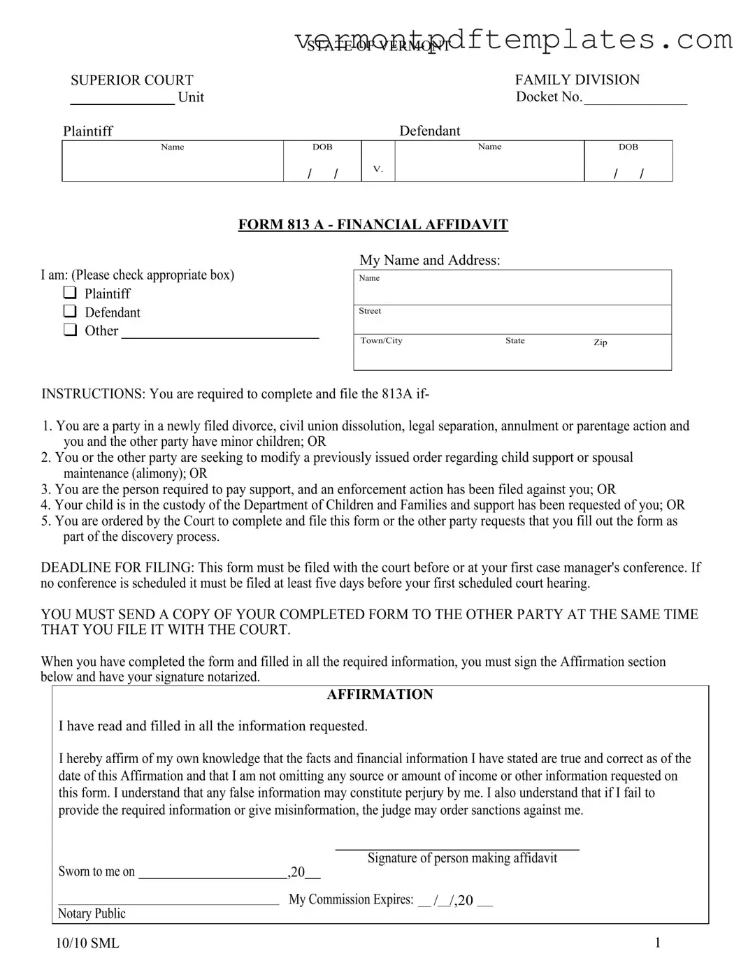 Printable Vermont 813 Template