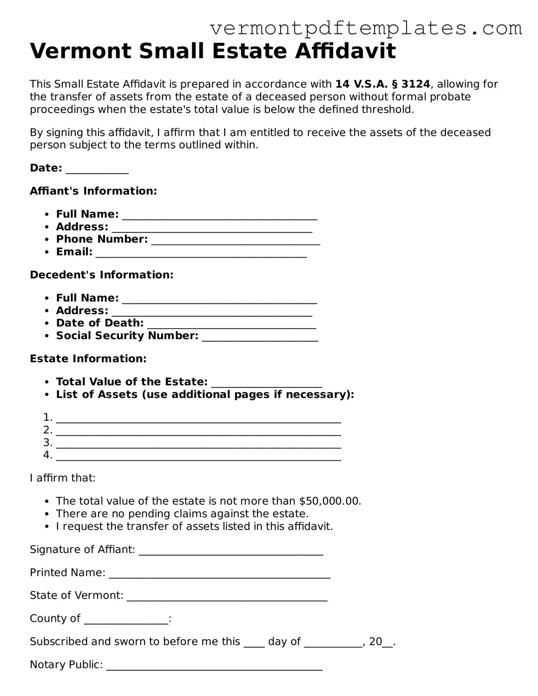 Small Estate Affidavit Template for Vermont State