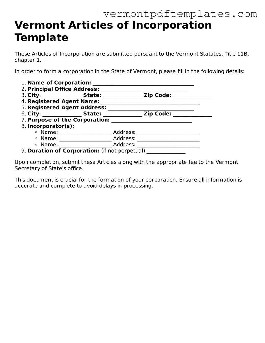 Articles of Incorporation Template for Vermont State