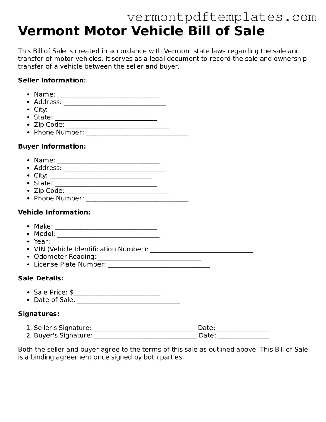 Motor Vehicle Bill of Sale Template for Vermont State