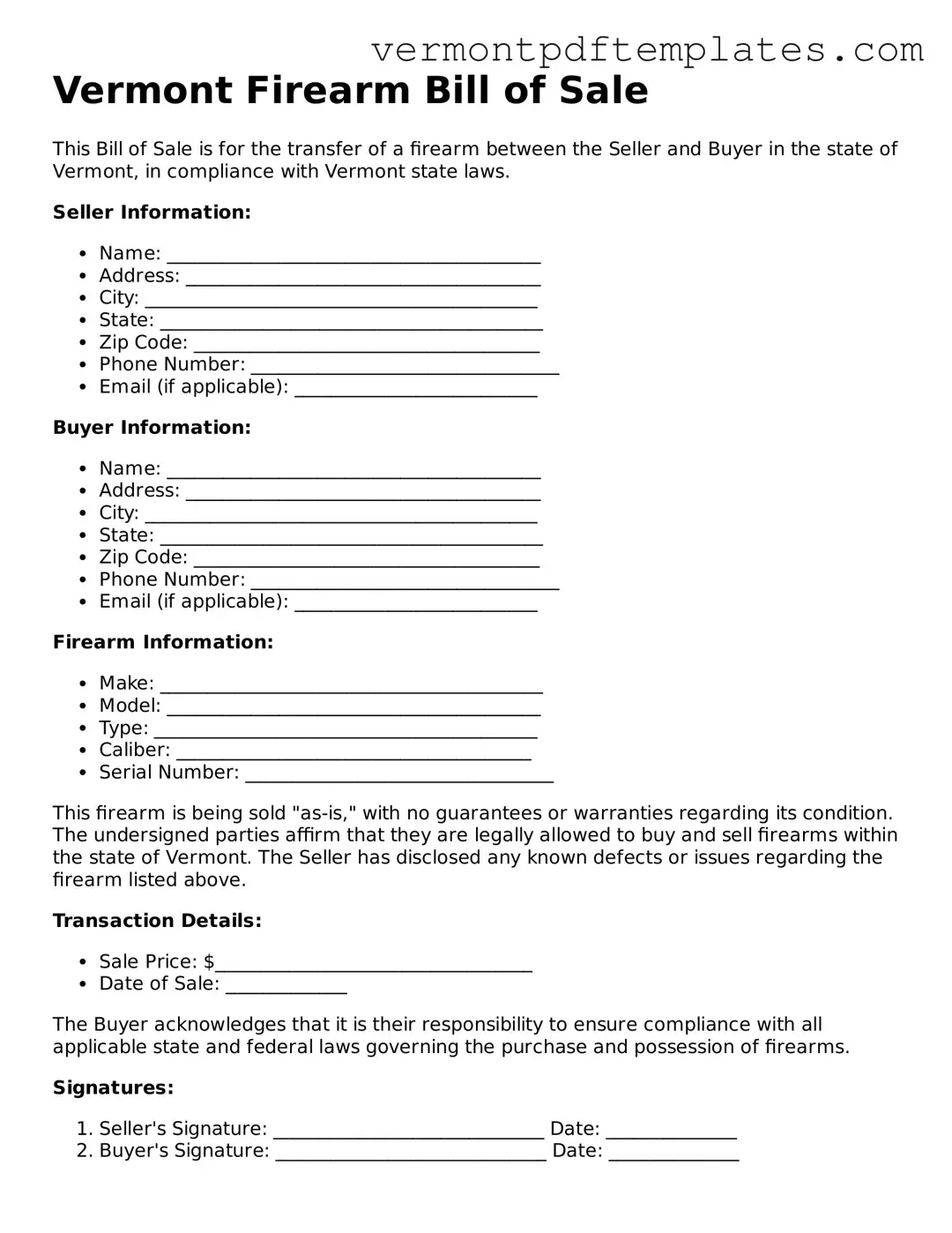 Firearm Bill of Sale Template for Vermont State