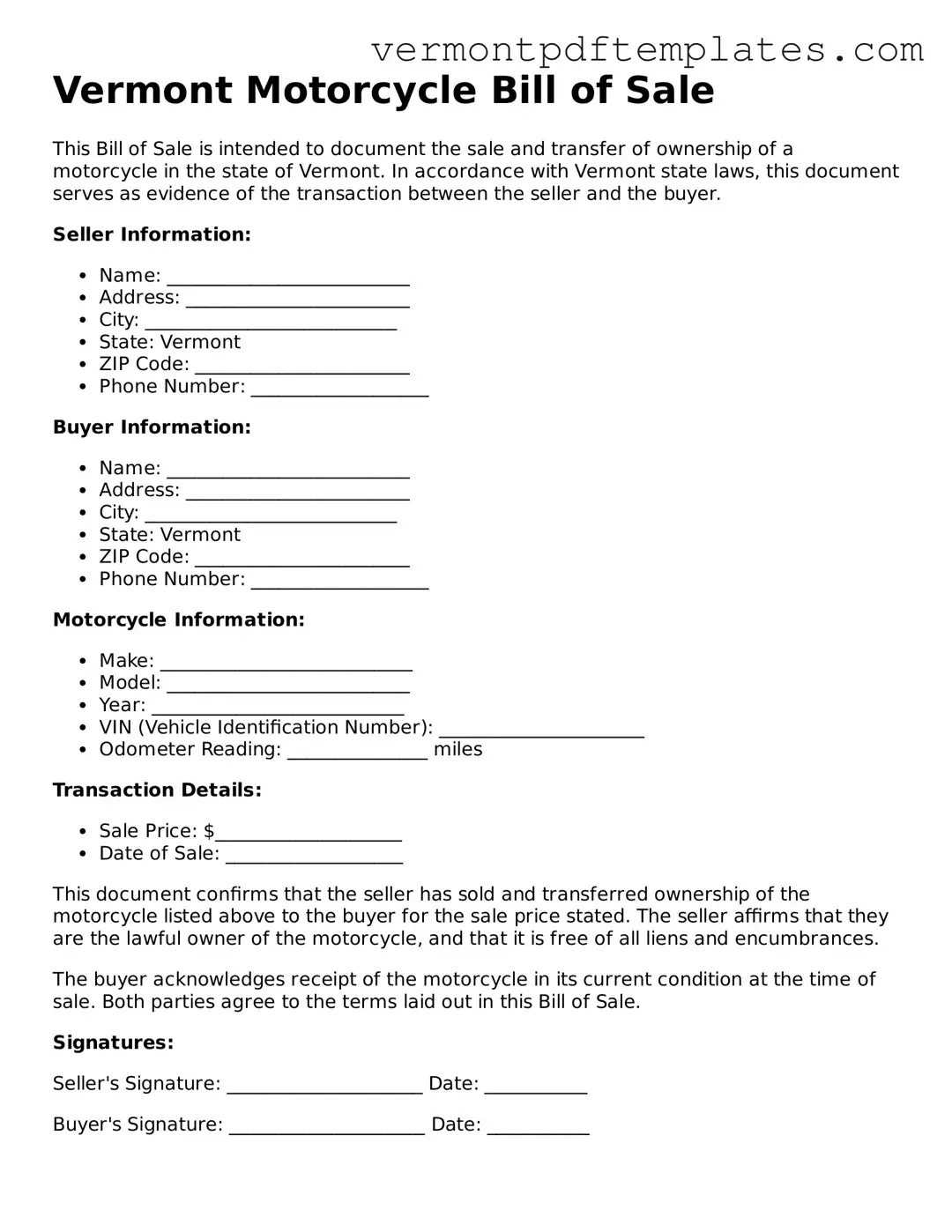 Motorcycle Bill of Sale Template for Vermont State