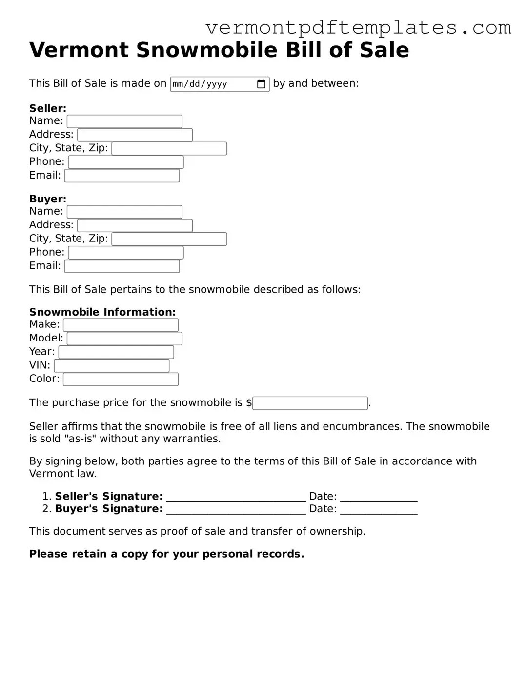 Snowmobile Bill of Sale Template for Vermont State