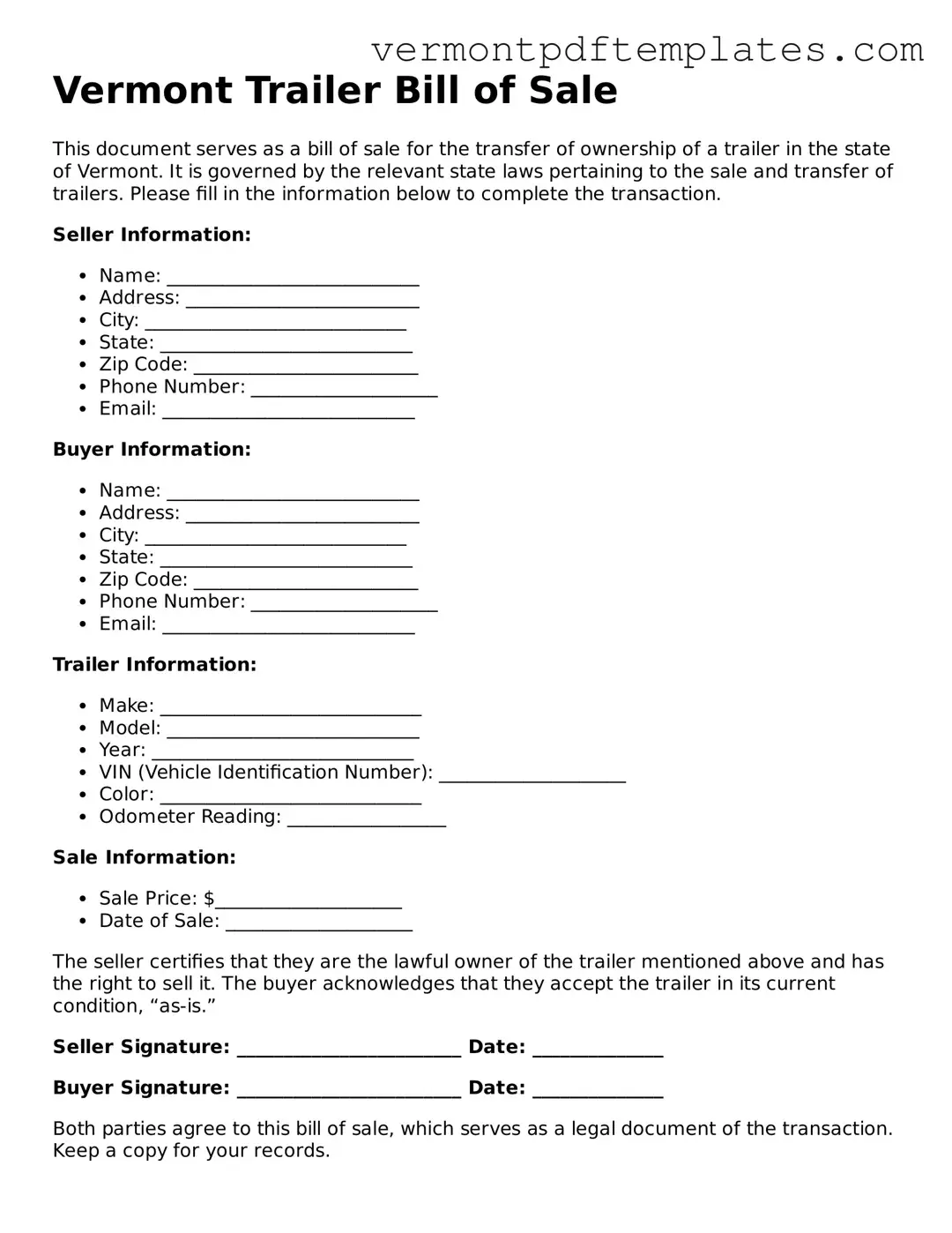 Trailer Bill of Sale Template for Vermont State