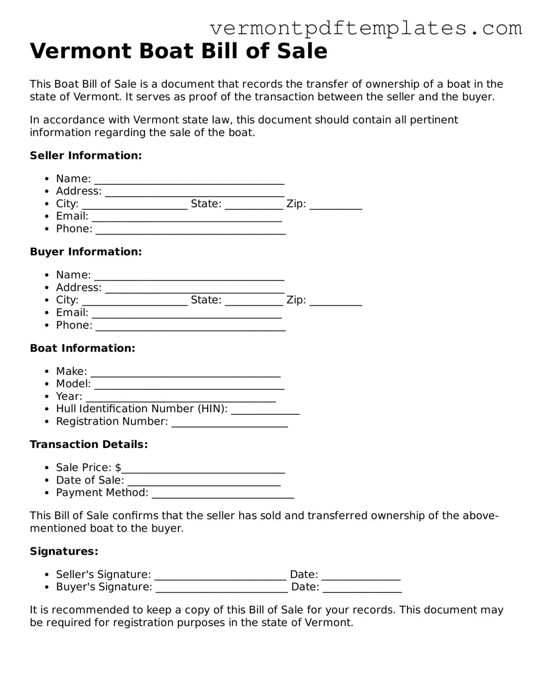 Boat Bill of Sale Template for Vermont State