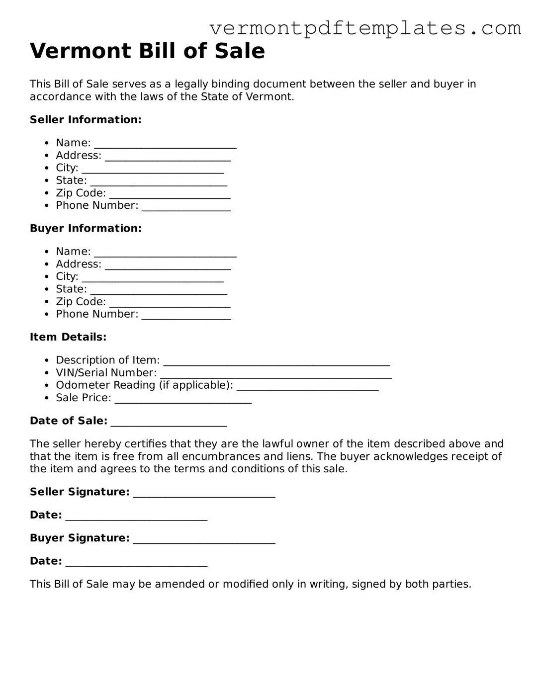 Bill of Sale Template for Vermont State