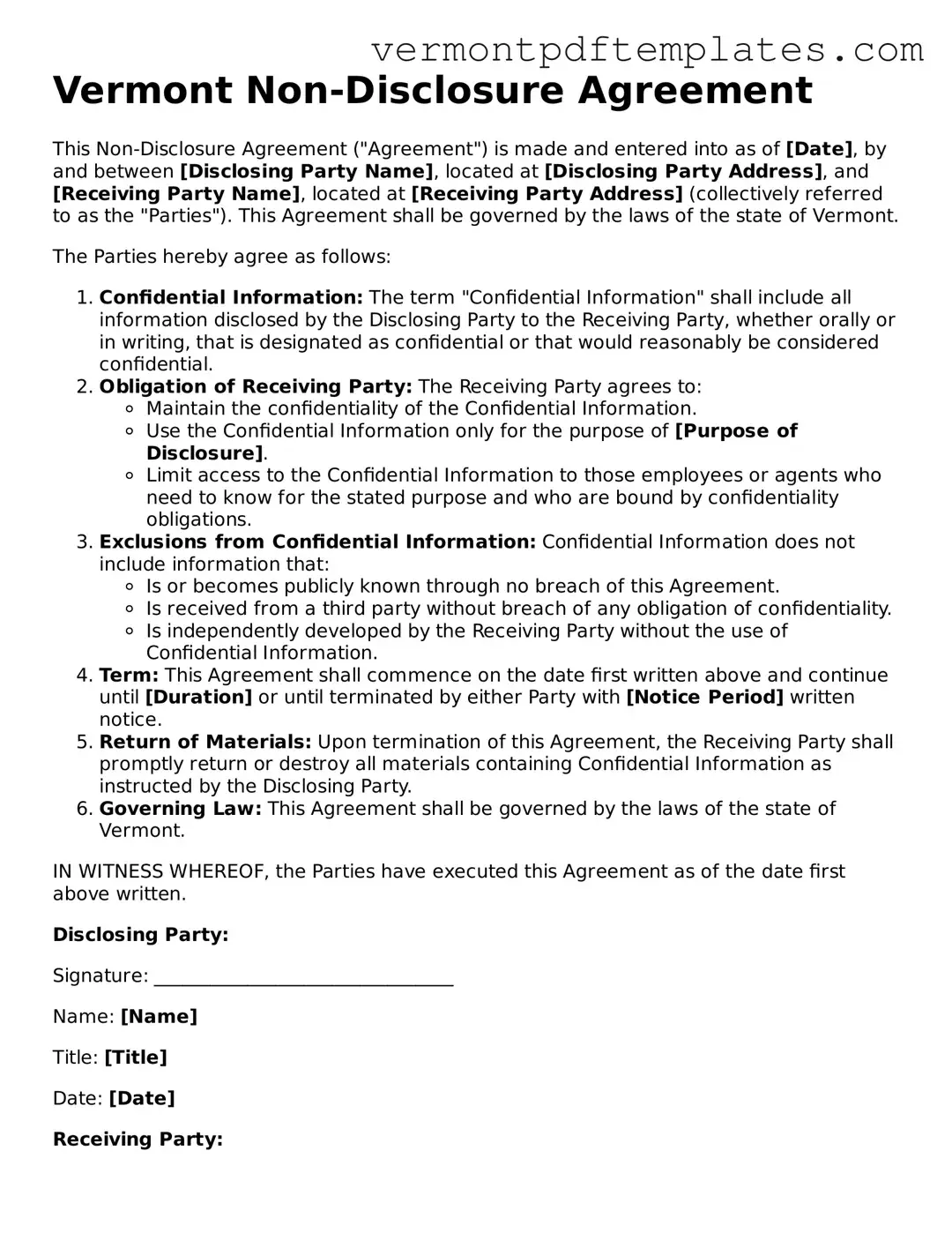 Non-disclosure Agreement Template for Vermont State