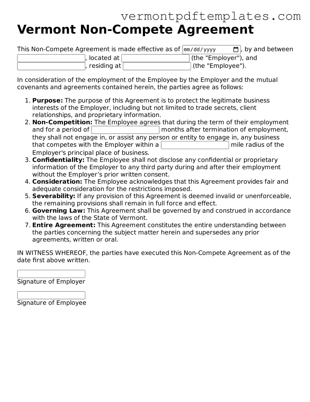 Non-compete Agreement Template for Vermont State