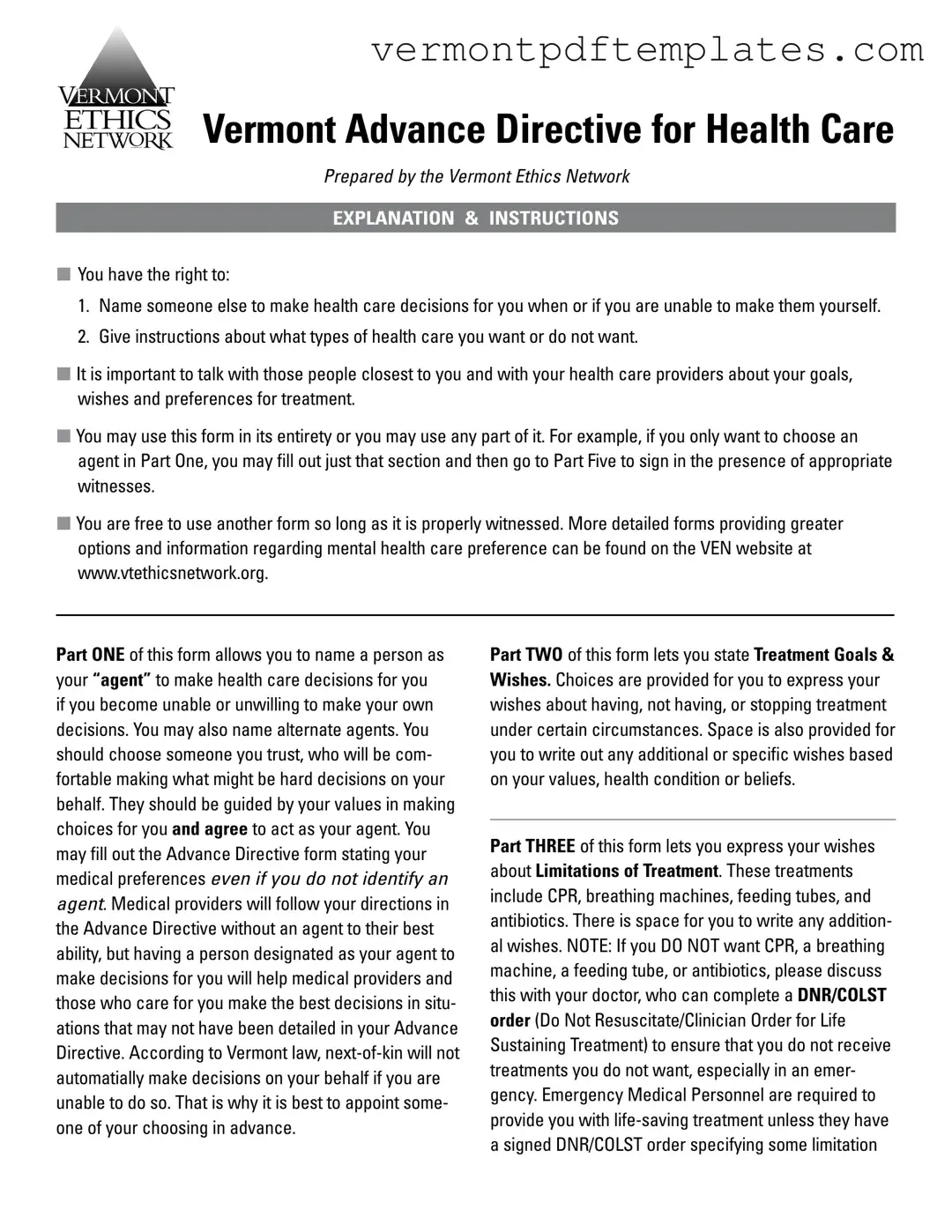 Printable Vermont Directive Health Care Template