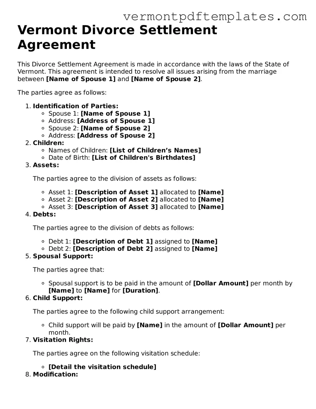 Divorce Settlement Agreement Template for Vermont State