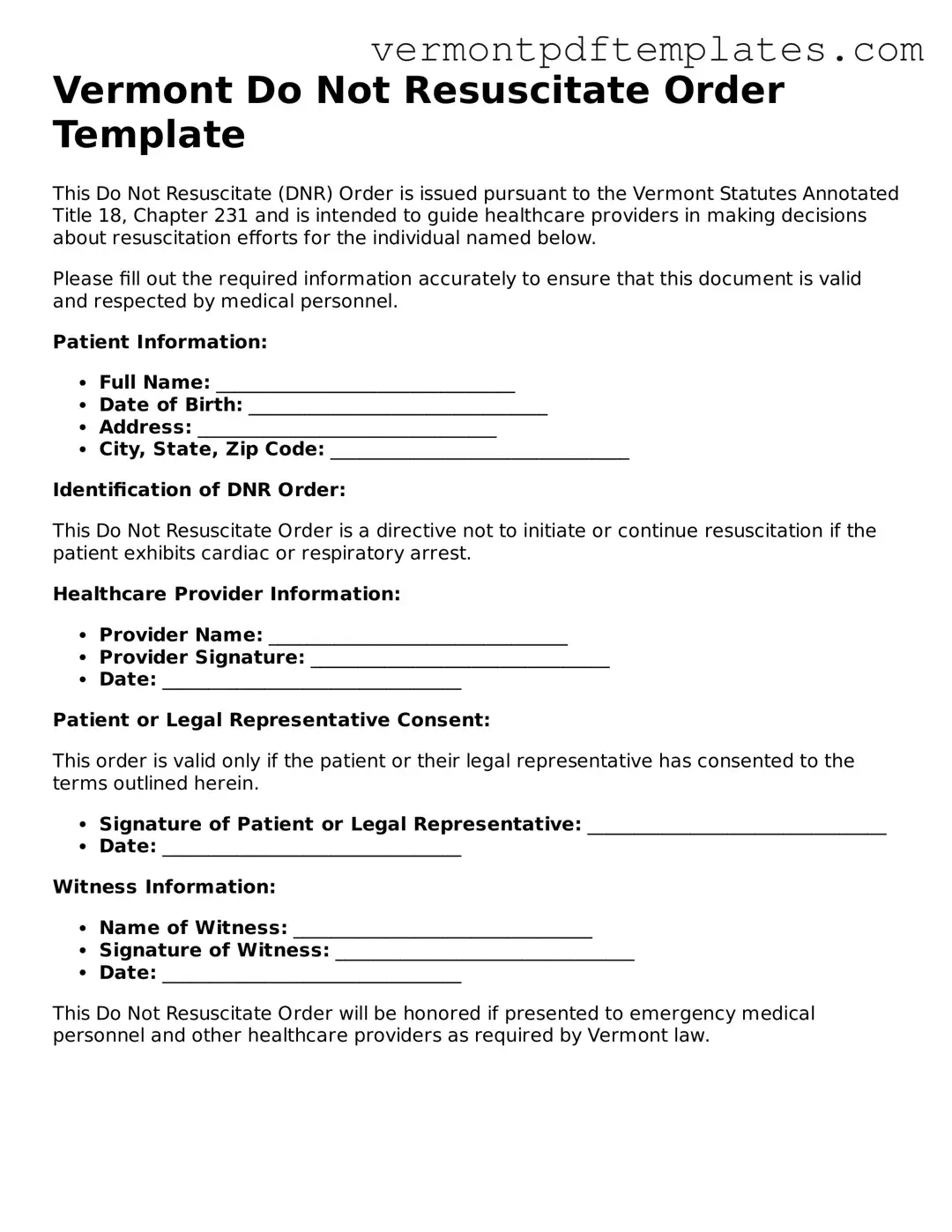 Do Not Resuscitate Order Template for Vermont State