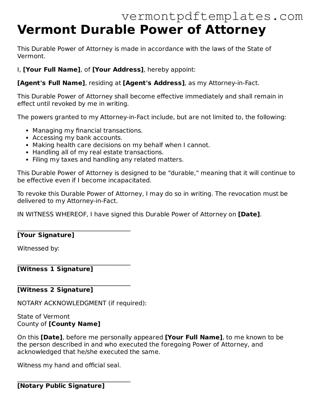 Durable Power of Attorney Template for Vermont State