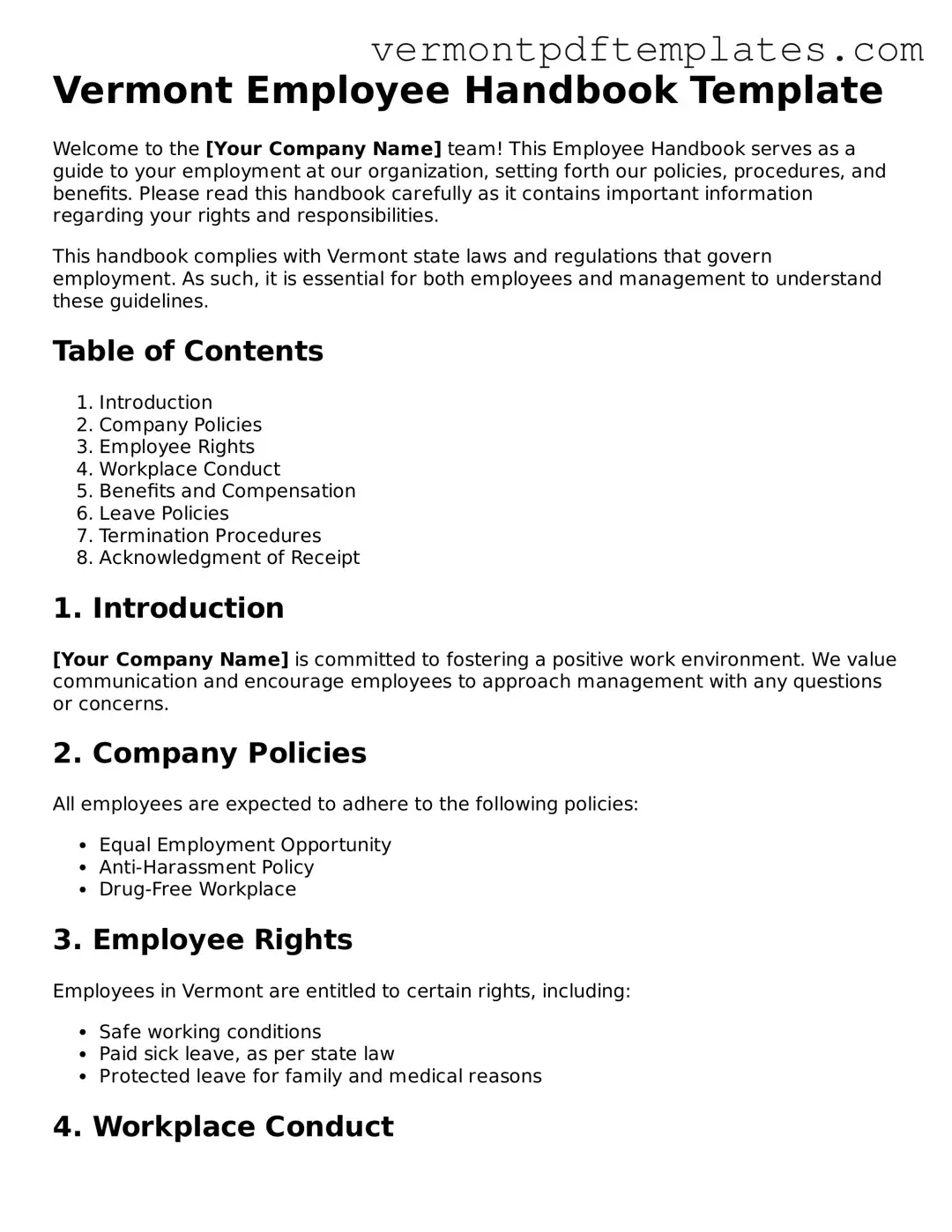 Employee Handbook Template for Vermont State