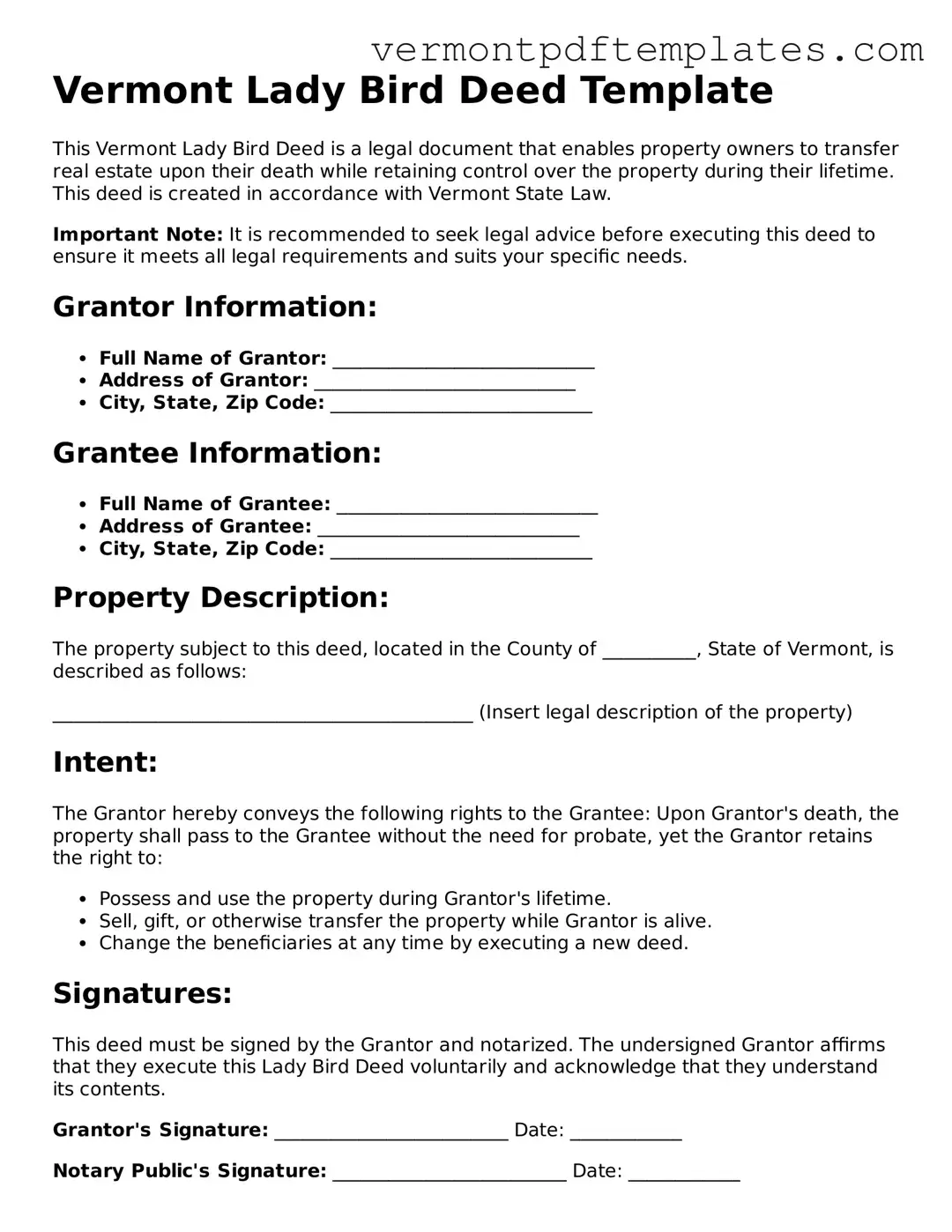 Lady Bird Deed Template for Vermont State