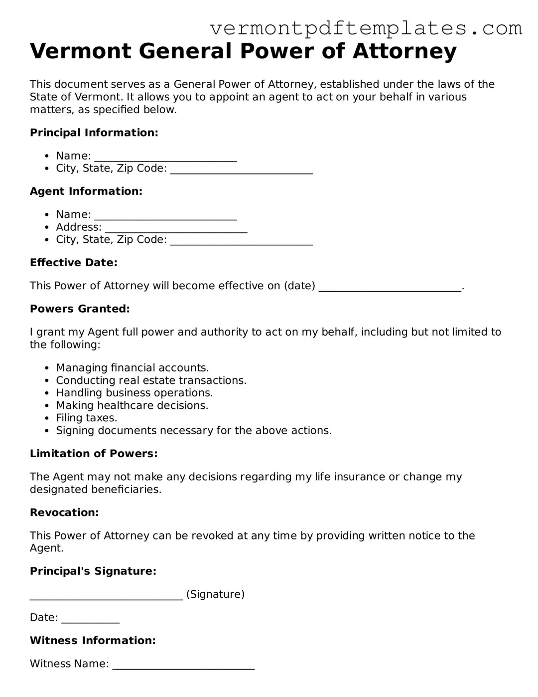 General Power of Attorney Template for Vermont State
