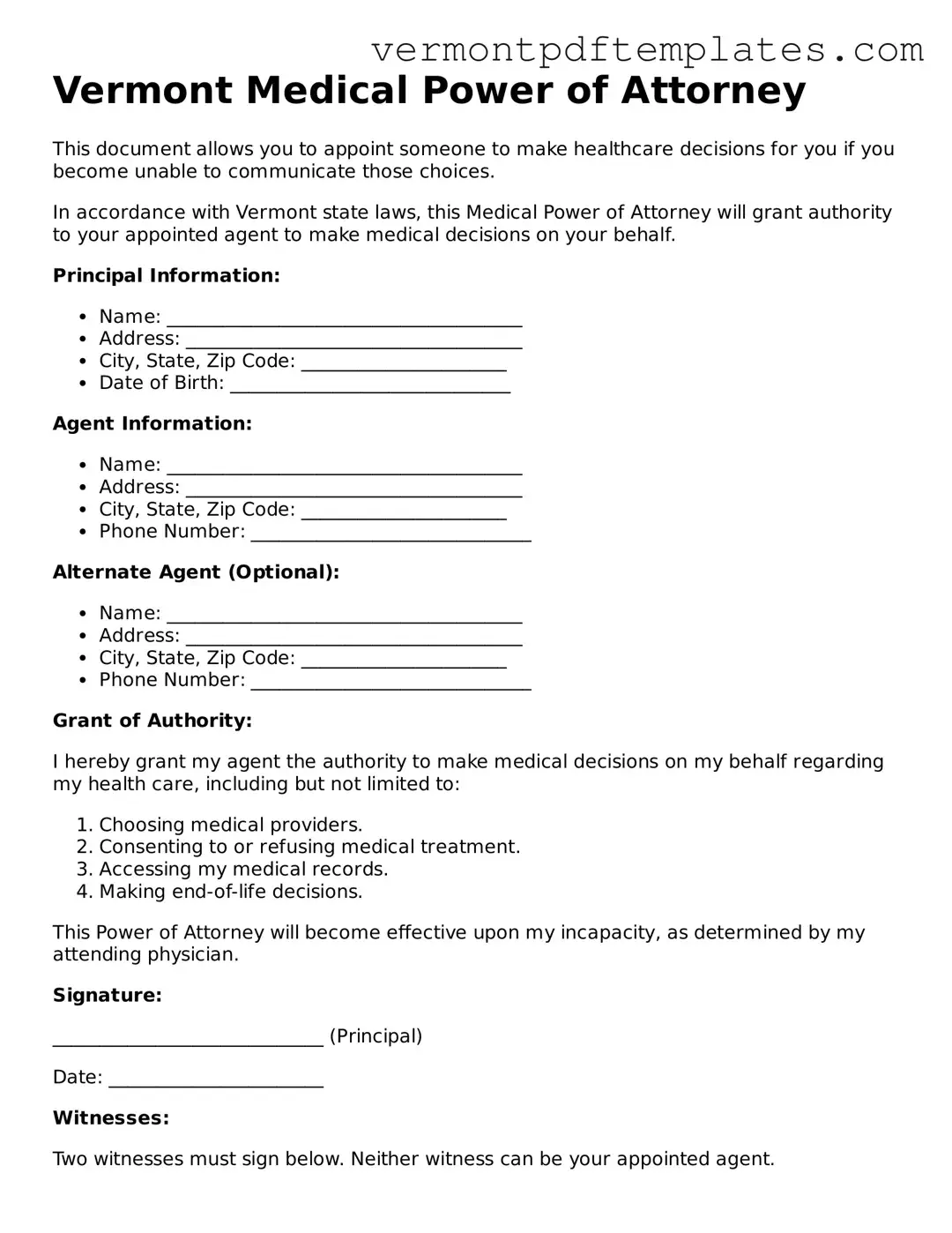Medical Power of Attorney Template for Vermont State