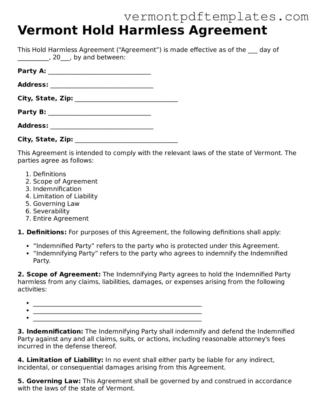 Hold Harmless Agreement Template for Vermont State