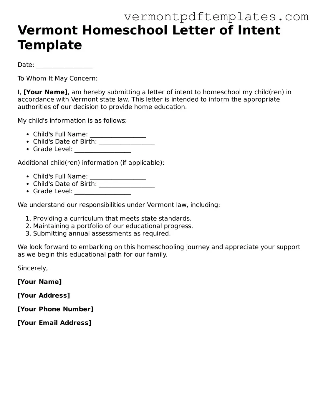 Homeschool Letter of Intent Template for Vermont State