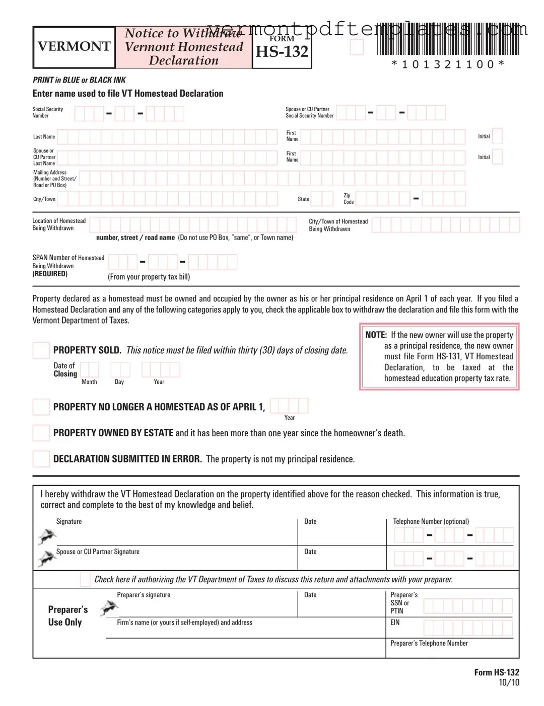 Printable Vermont Hs 132 Template