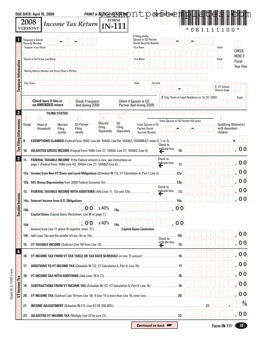 Printable Vermont In 111 Template