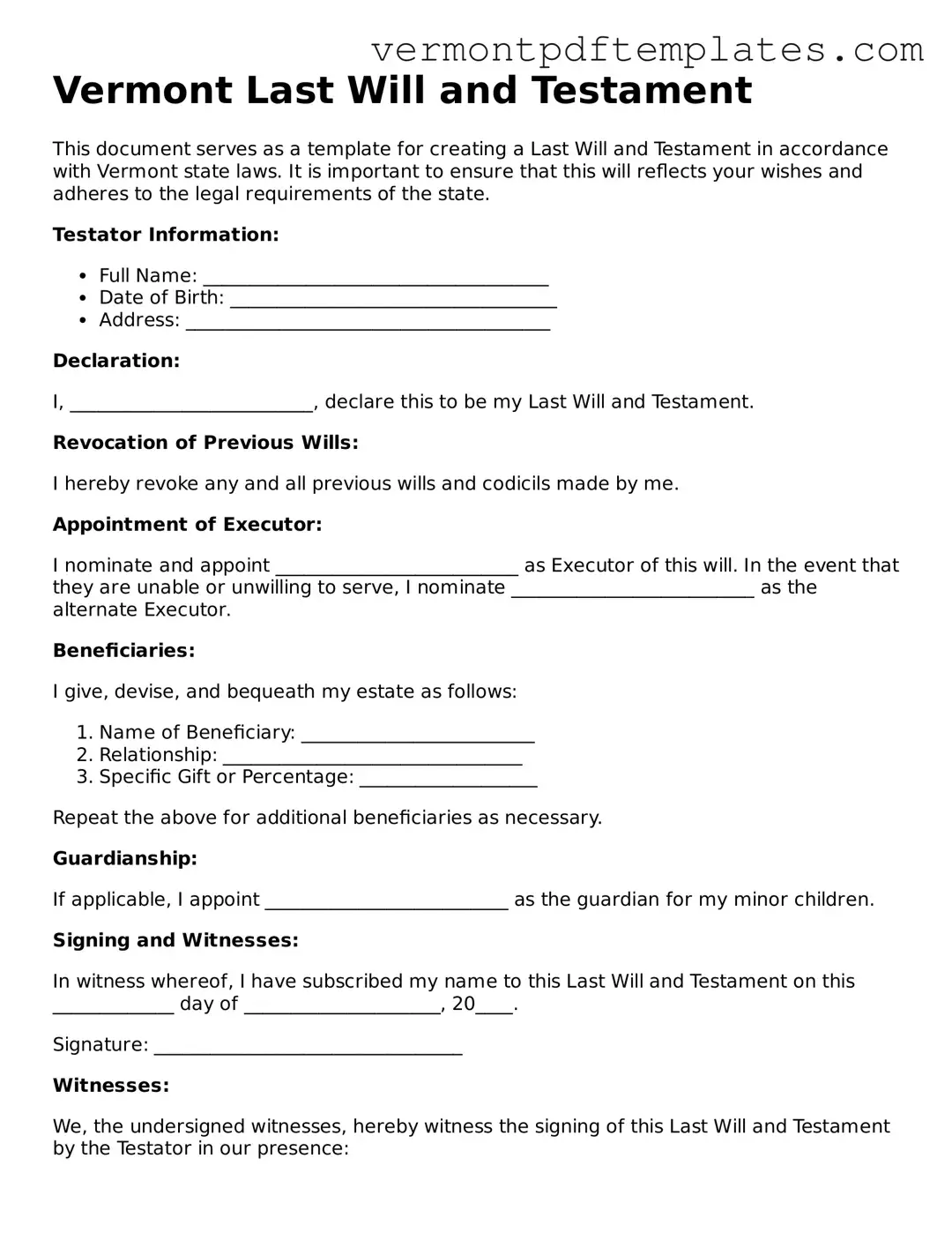 Last Will and Testament Template for Vermont State