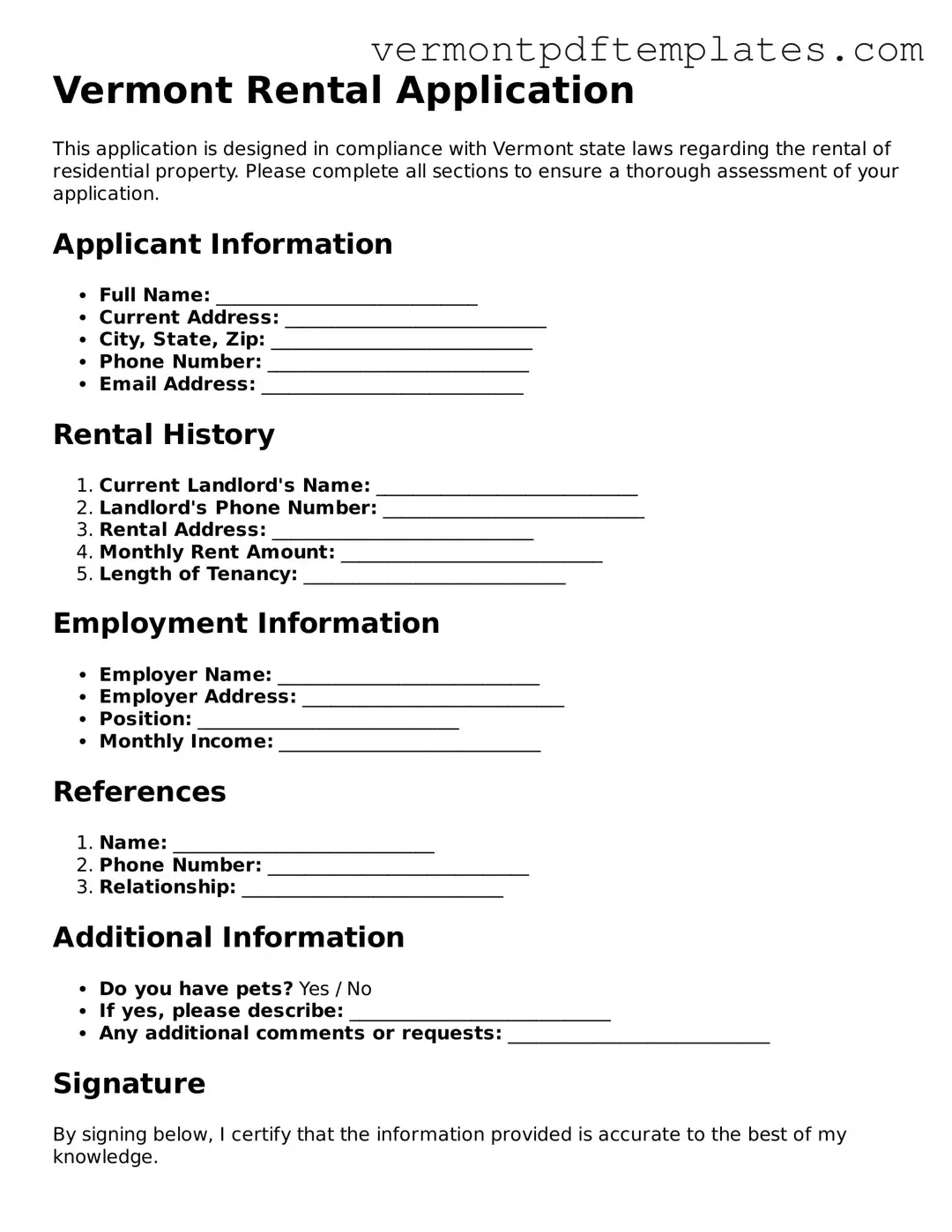 Rental Application Template for Vermont State