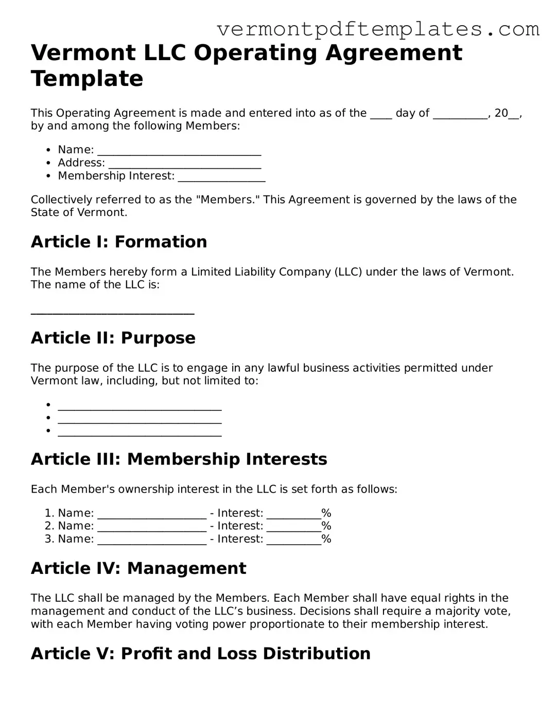 Operating Agreement Template for Vermont State