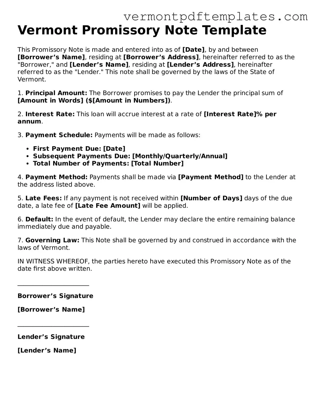 Promissory Note Template for Vermont State