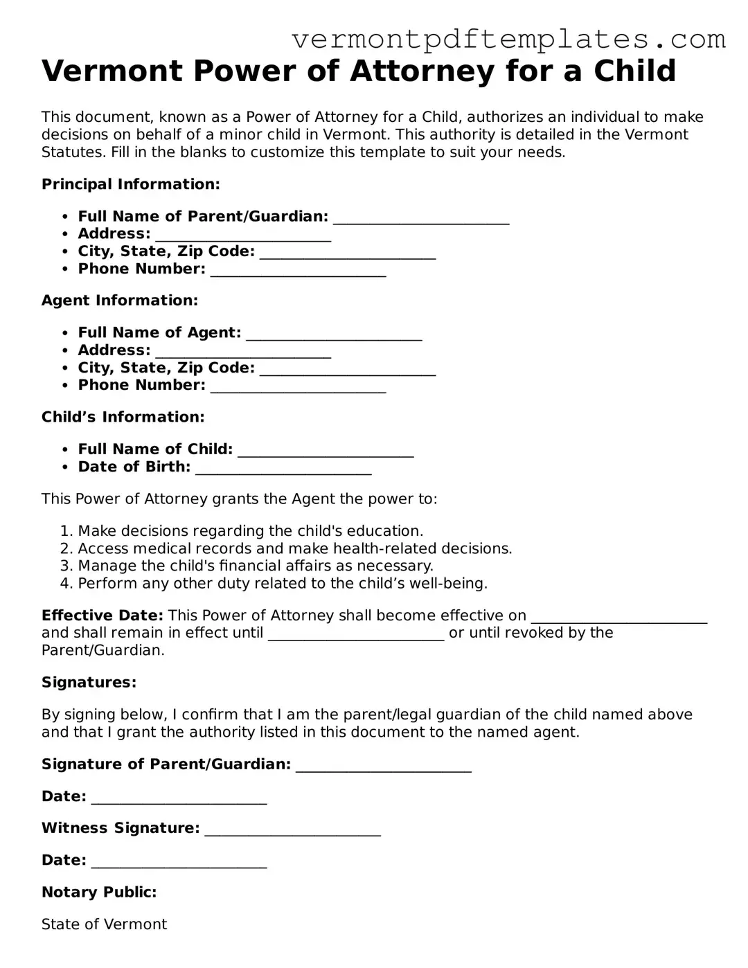 Power of Attorney for a Child Template for Vermont State