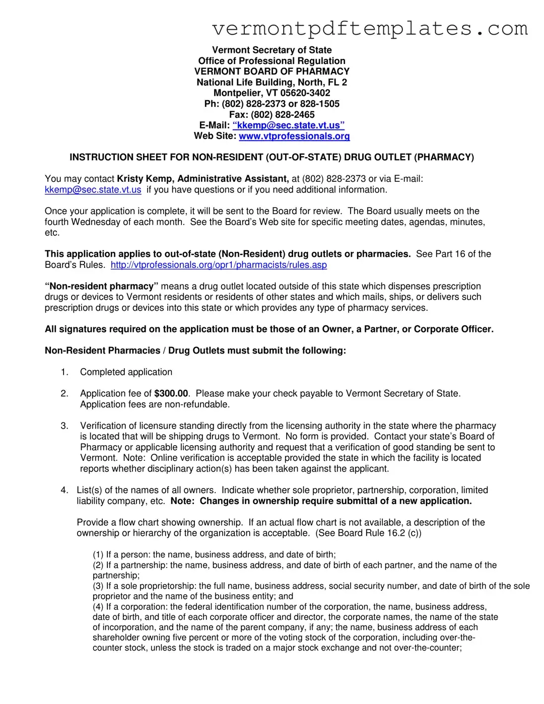 Printable Vermont Non Resident Pharmacy Template
