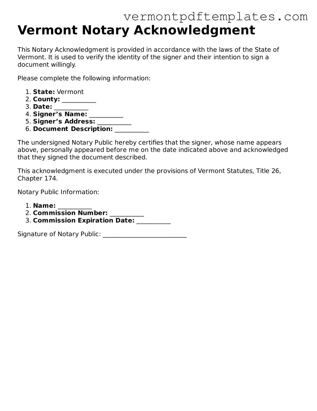 Notary Acknowledgement Template for Vermont State