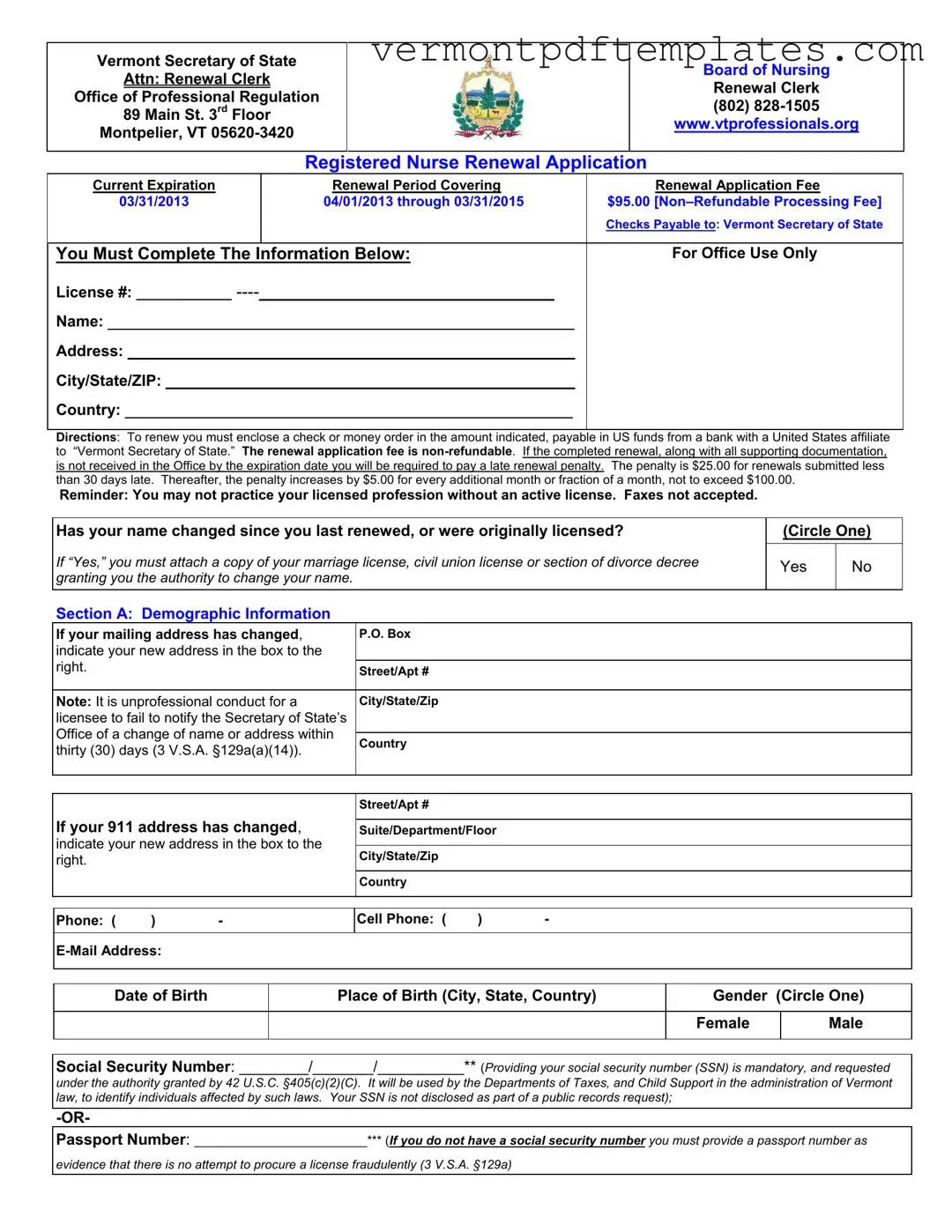 Printable Vermont Nurse Renewal Template