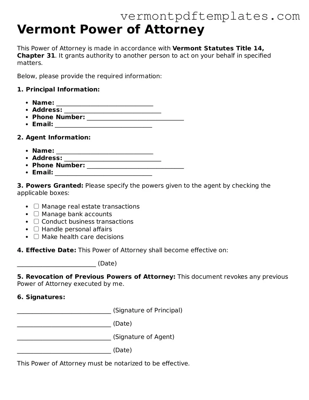 Power of Attorney Template for Vermont State