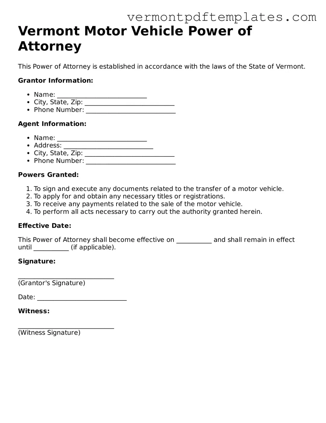 Motor Vehicle Power of Attorney Template for Vermont State