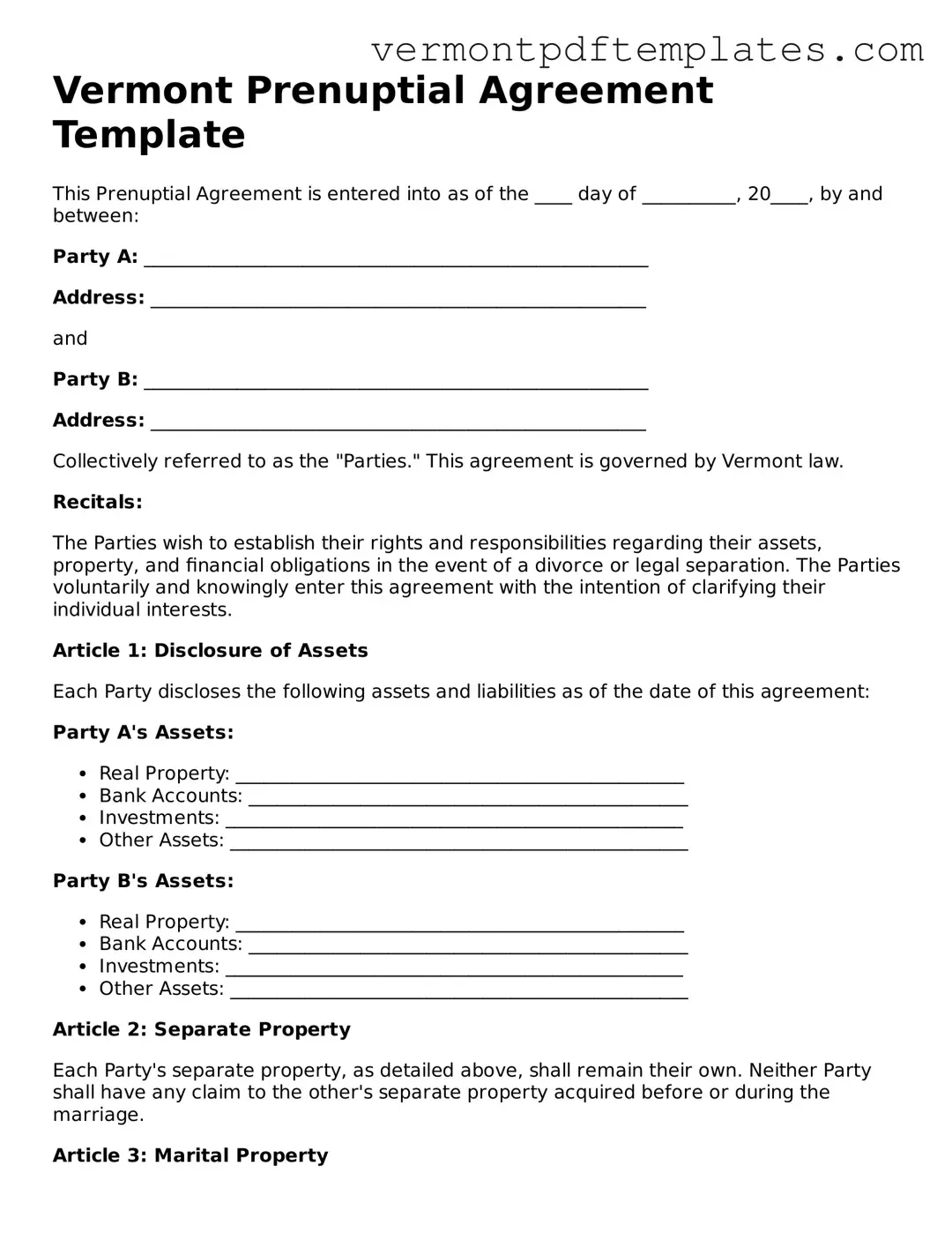 Prenuptial Agreement Template for Vermont State