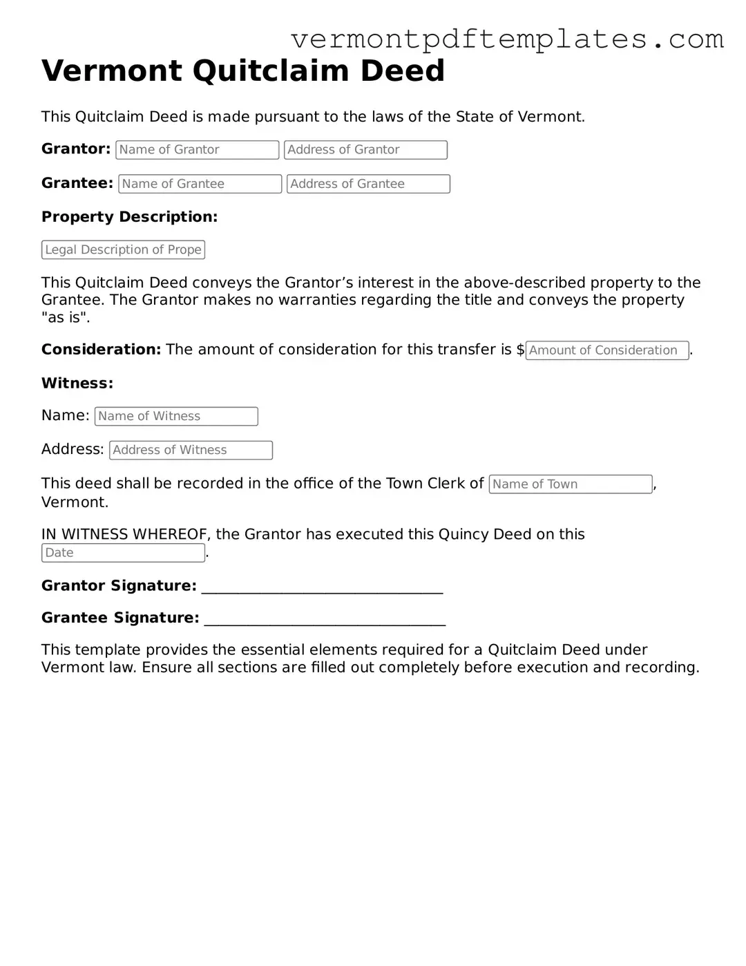 Quitclaim Deed Template for Vermont State