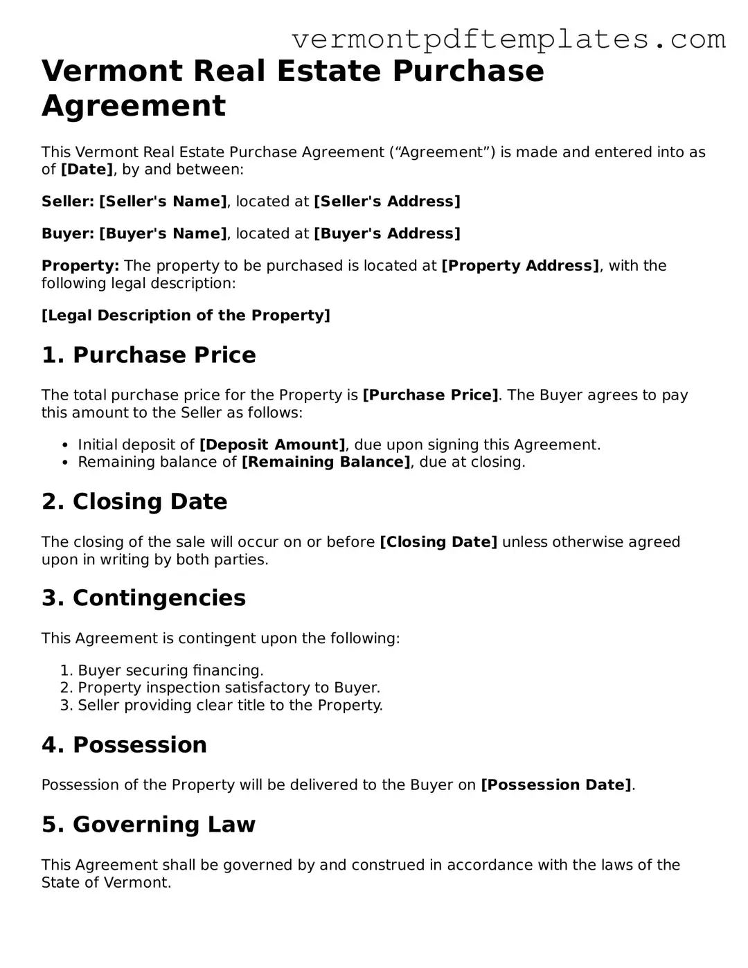 Real Estate Purchase Agreement Template for Vermont State