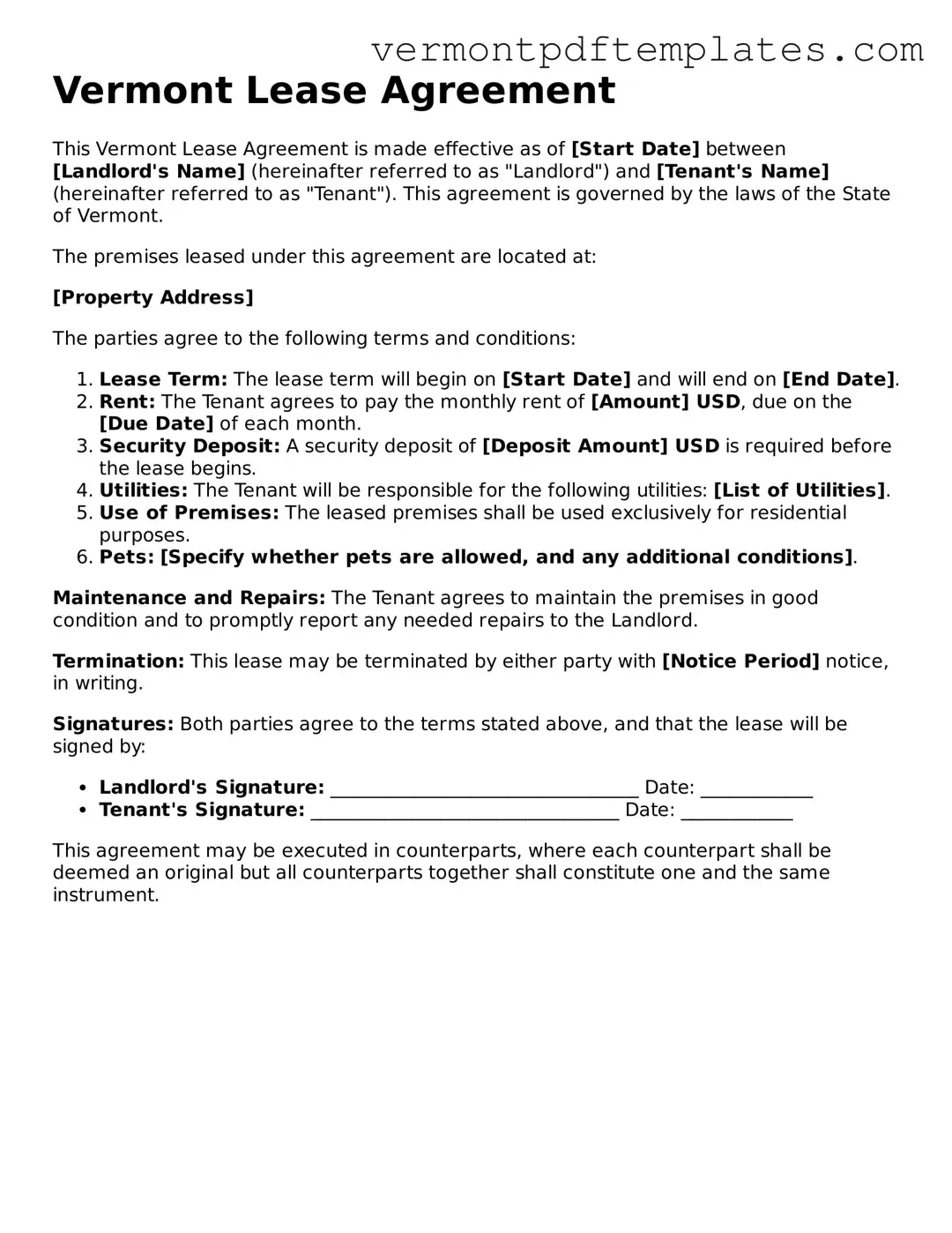Lease Agreement Template for Vermont State